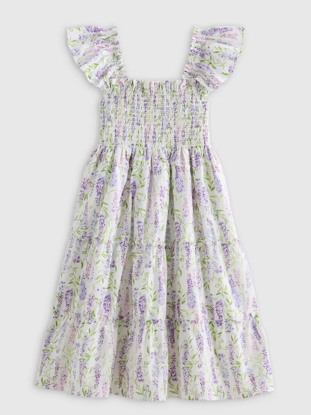 Quince 100% Organic Cotton Poplin Smocked Dress Size 12 Wisteria Floral purple